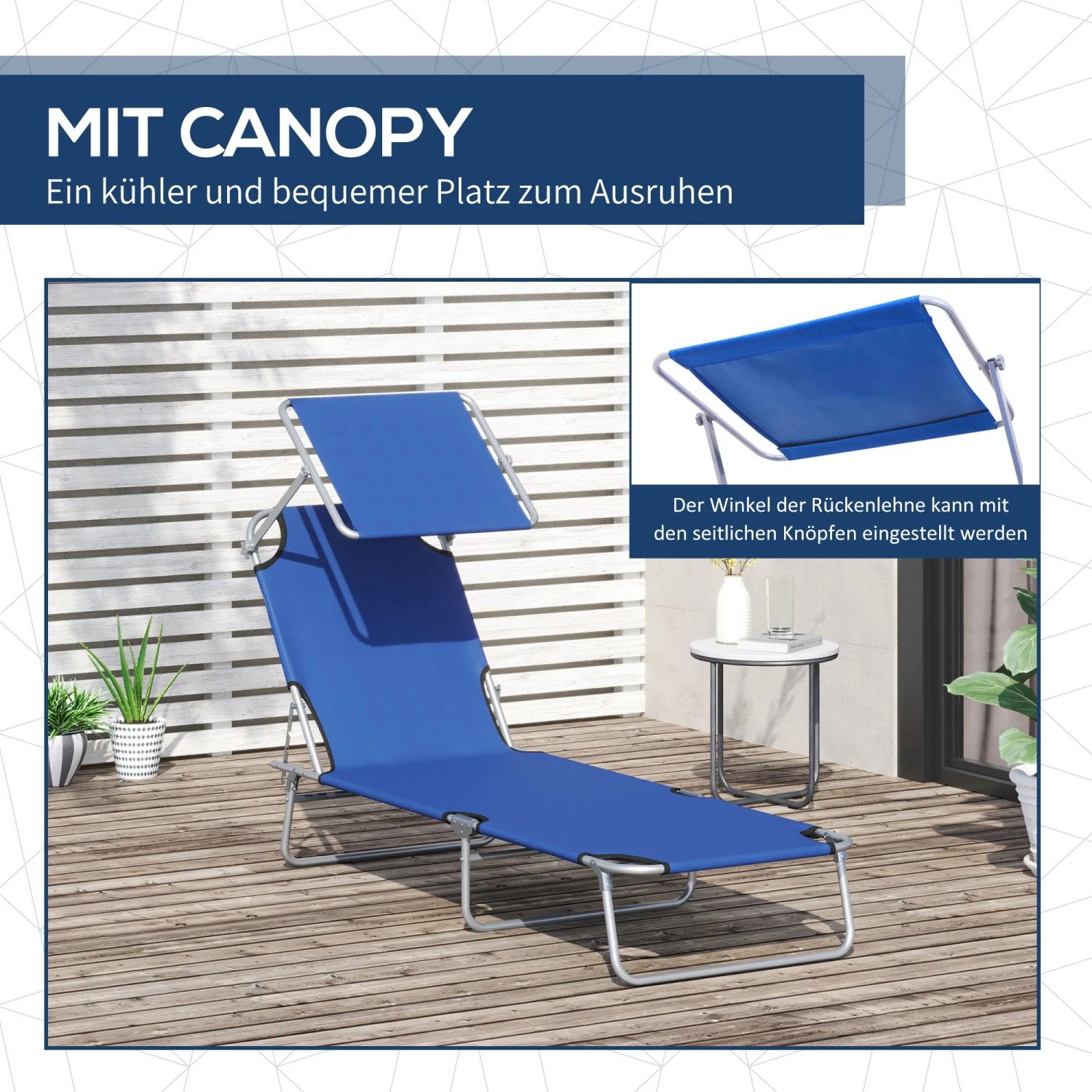 Outsunny Sonnenliege, blau, mit Sonnendach, klappbar und bis 120 kg belastbar.