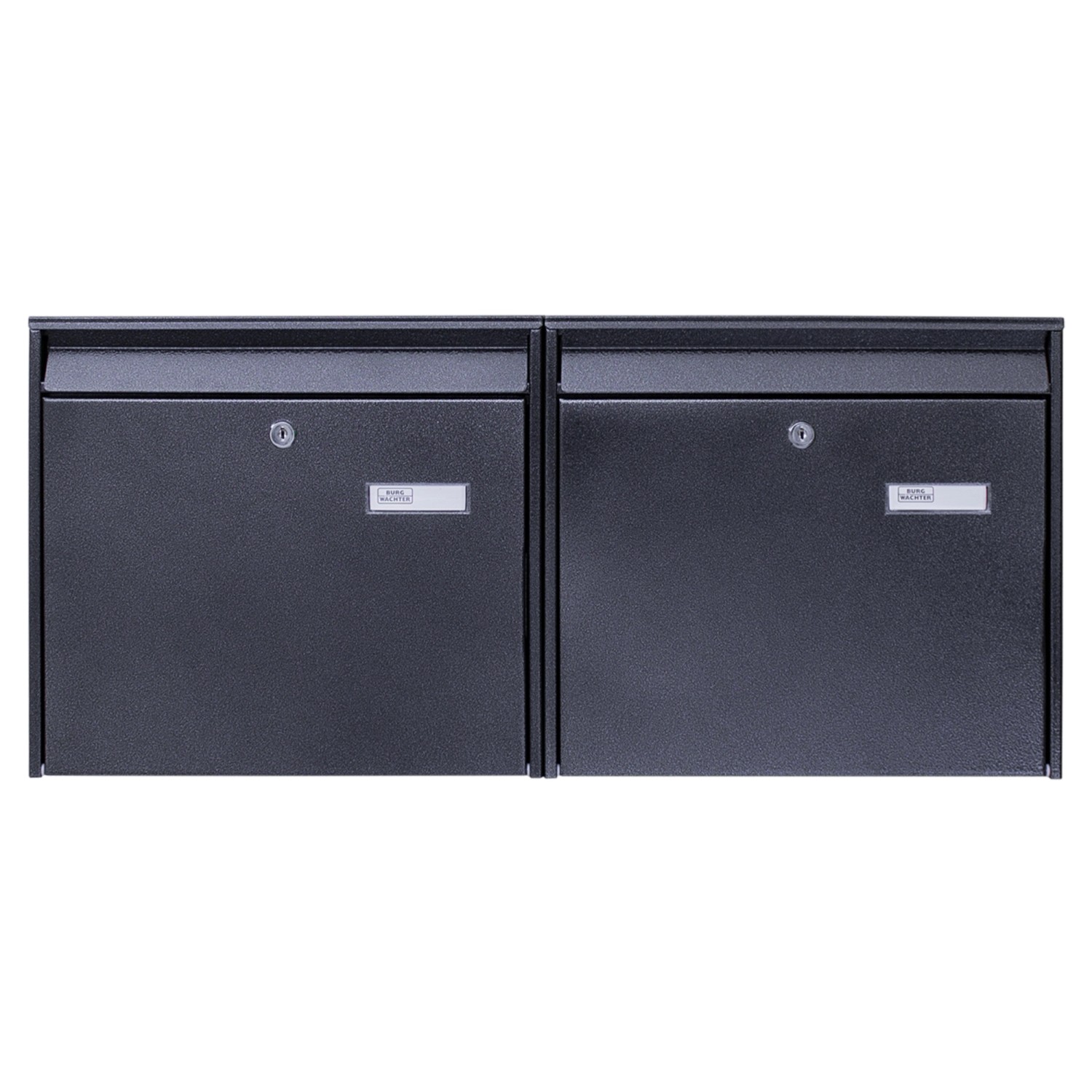 Burg-Wächter Doppelbriefkasten, schwarz, mit zwei Fächern, Namensschildern und Schlüsseln.