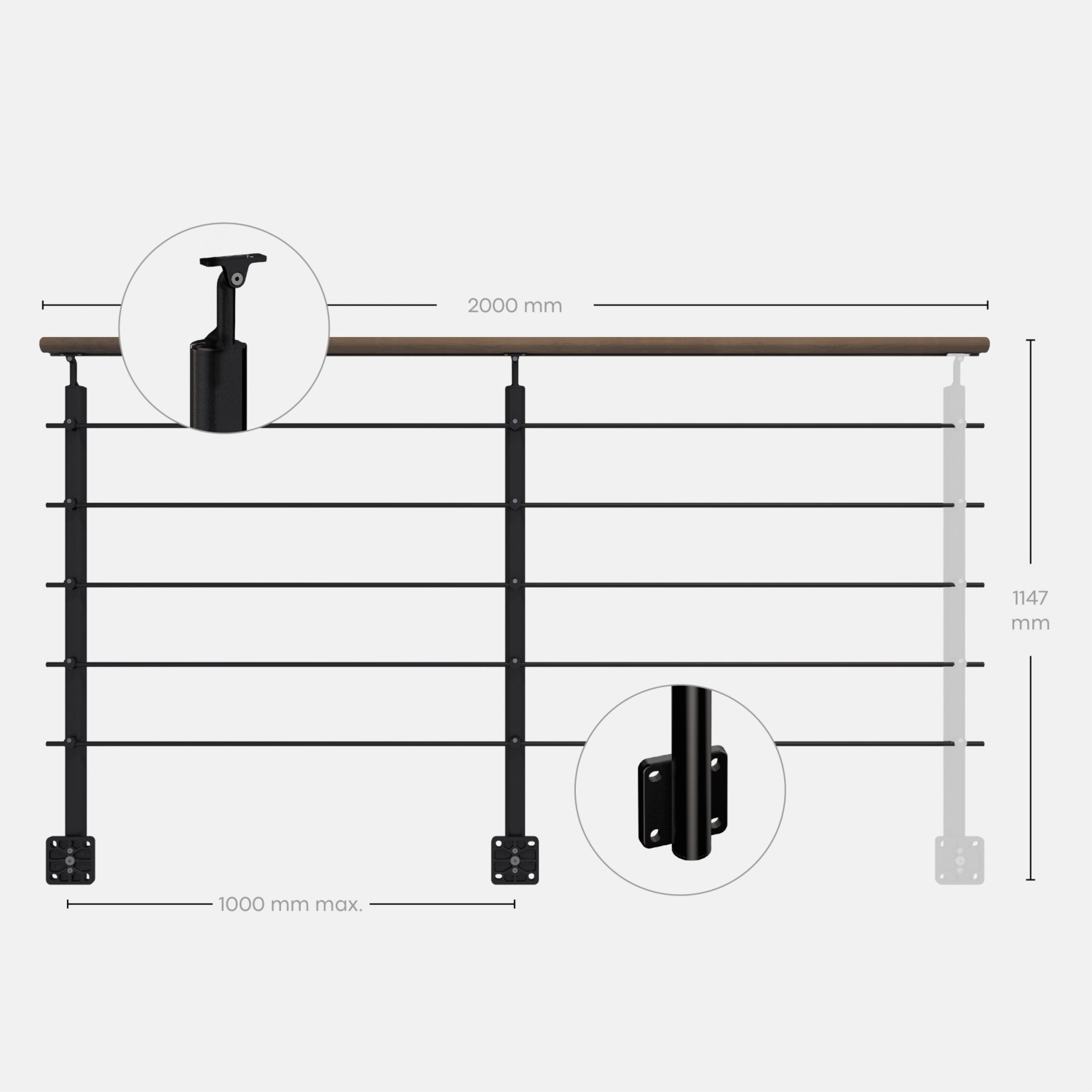 Kordo Geländerset, 2m, Alu schwarz, Handlauf Kebony, seitliche Befestigung, Opalu.
