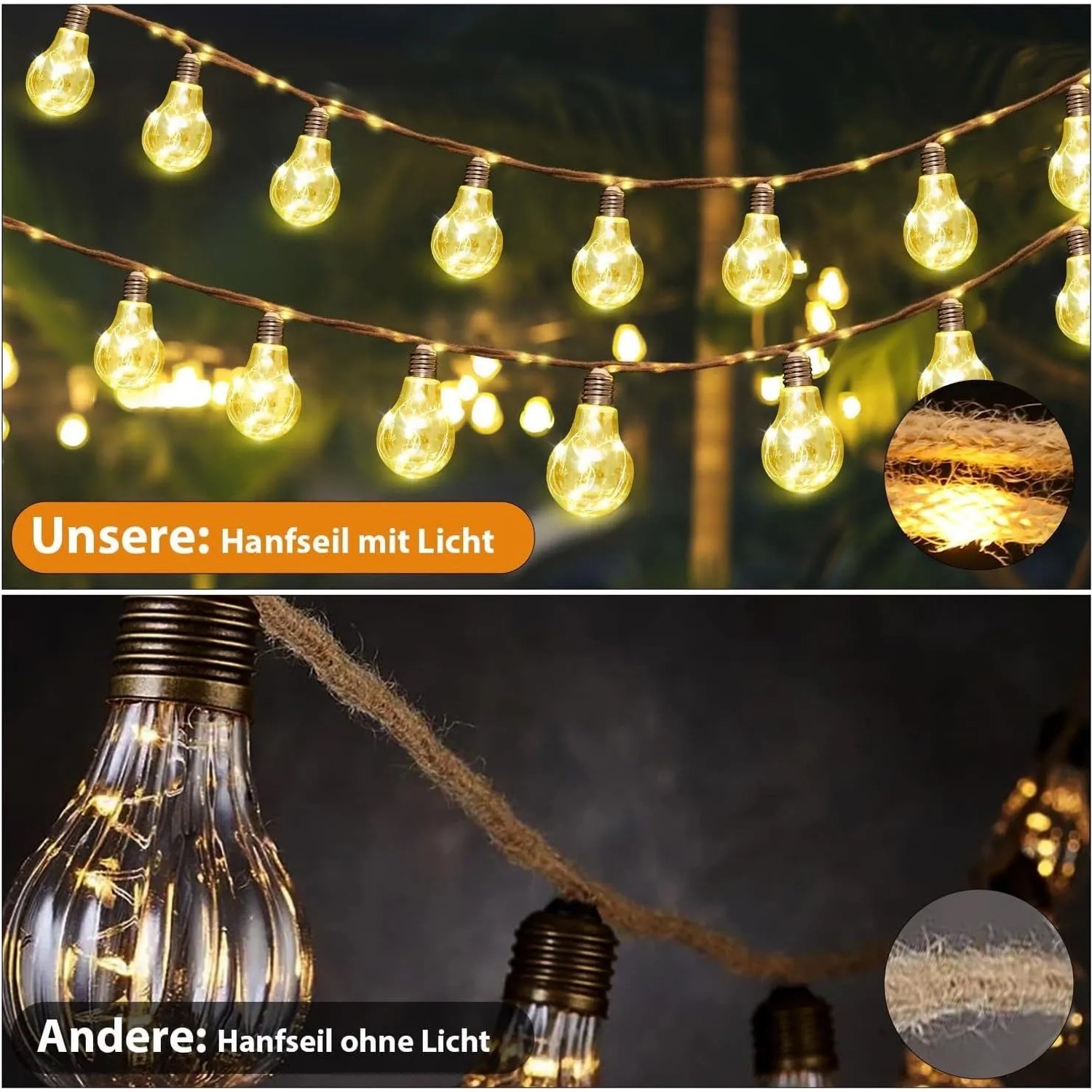 Salcar LED Solar-Lichterkette mit warmweißen Glühbirnen und dekorativem Hanfseil für Außenbereiche.