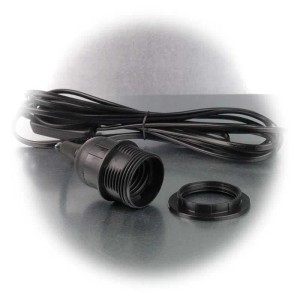 Schwarzes Netzkabel mit E27 Fassung und Schnurschalter für Lampen und Leuchten, auf grauem Untergrund.