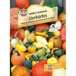 Samenpackung Sperli Zierkürbis Erntedank mit bunten Kürbissen in verschiedenen Formen.
