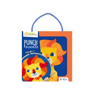 MyMandarine Punch Needle Set Löwe. Bunte Verpackung mit gesticktem Löwenmotiv und Zubehör für Kinder ab 6 Jahren.