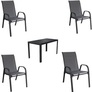 Lex Gartenmöbel Set, 5-teilig: Gartentisch und vier Stapelstühle in Anthrazit.