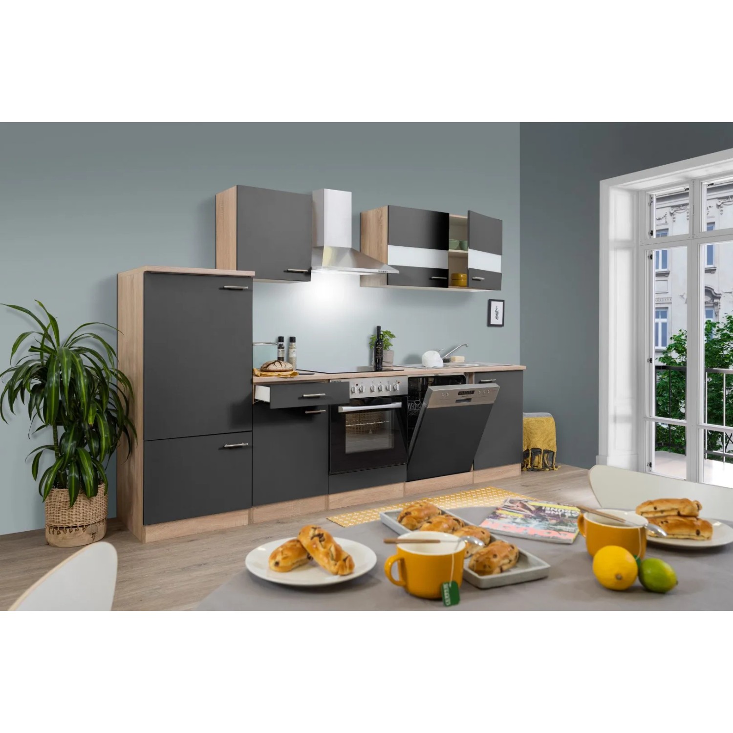Respekta Küchenzeile KB280ESGC in Grau-Eiche Sägerau mit E-Geräten und Spüle.