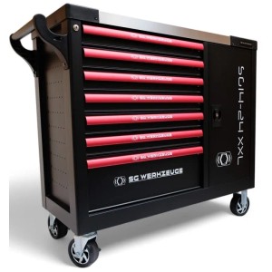 Gefüllter DeTec. Werkzeugwagen XXL mit 7 Schubladen in Schwarz/Rot, Carbon Optik, Profiwerkzeug.