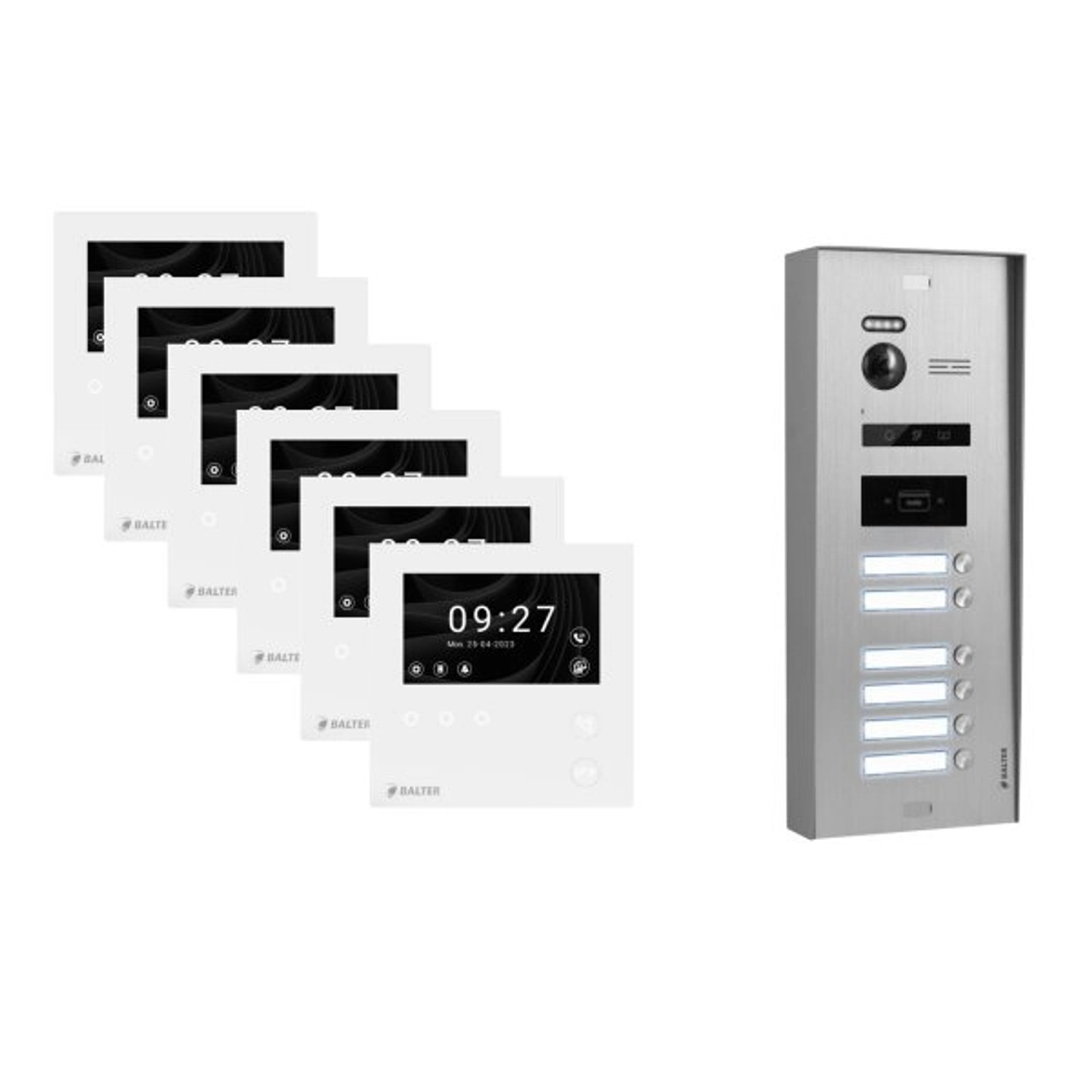 Balter Evo-HD-Mini Aufputz Video Türsprechanlage 2-Draht Bus für 6-Familienhaus mit 4,3 Zoll Monitor Silber