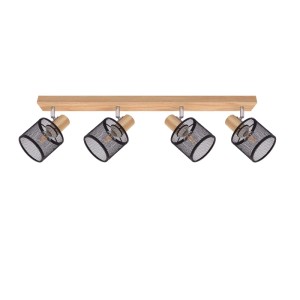 Moderner NETTLIFE Deckenstrahler mit 4 schwarzen Metall-Spots und Holzsockel. Flexibel dreh- und neigbar.