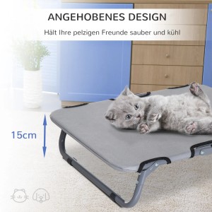 Graues PawHut Hundebett Outdoor, faltbar, mit Katze darauf. Ideal als Hundesofa & Hundecouch.