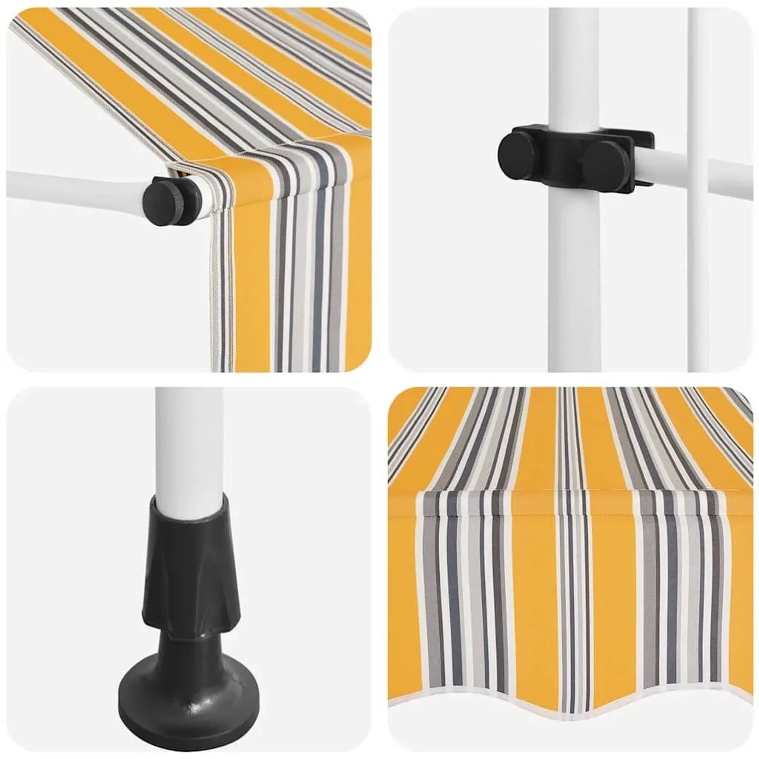 vidaXL Markise, gelb-blau gestreift, 100 cm breit, Details zu Stoff, Gestell und Montage.