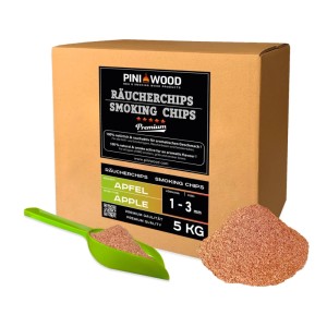 PINI Räucherchips Apfel 5 kg, 1-3 mm, in Kartonbox mit Schaufel und Holzspänen für Grill & Smoker.