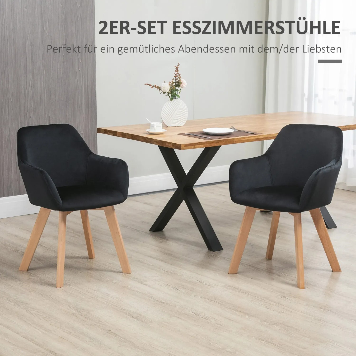 HOMCOM Esszimmerstühle 2er Set, schwarzer Samt mit Armlehne und Holzbeinen.