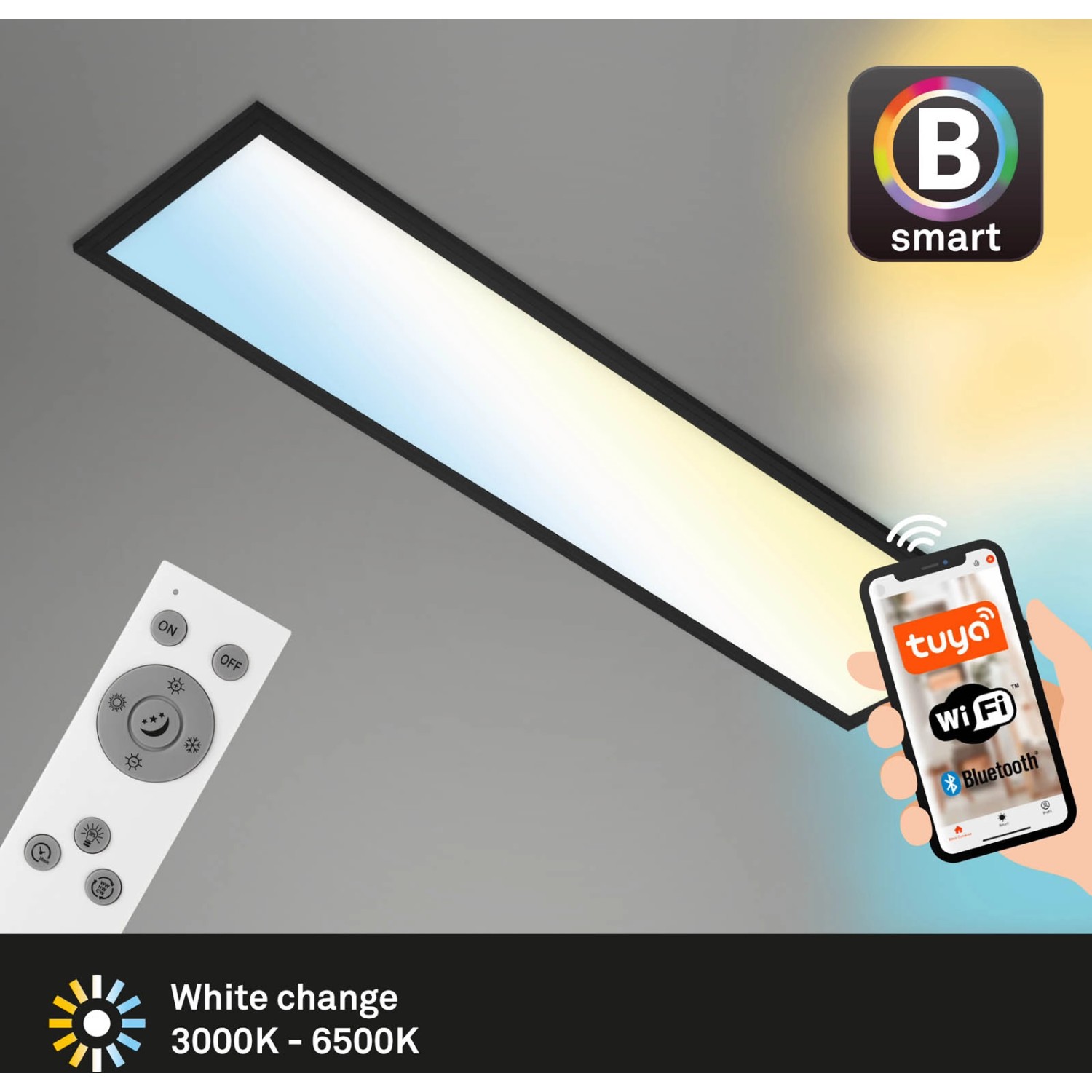 Dimmbare, schwarze Brilo LED Deckenleuchte Piatto S B-Smart mit Fernbedienung und Smartphone Steuerung.