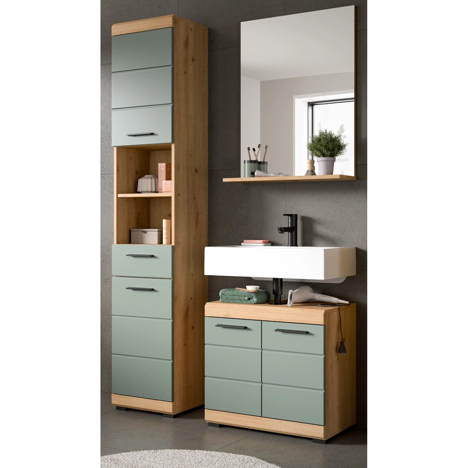 Inn.Furn Badmöbel Set 3-teilig in Grün und Eiche 112 cm Shawn günstig online kaufen