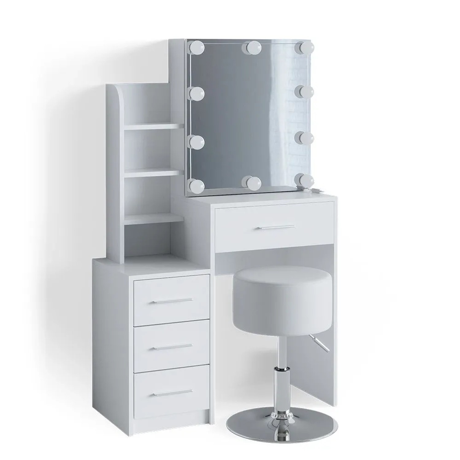 Vicco Schminktisch Conrada Weiß 80 x 132 mit Spiegel, LED-Lichterkette und Hocker