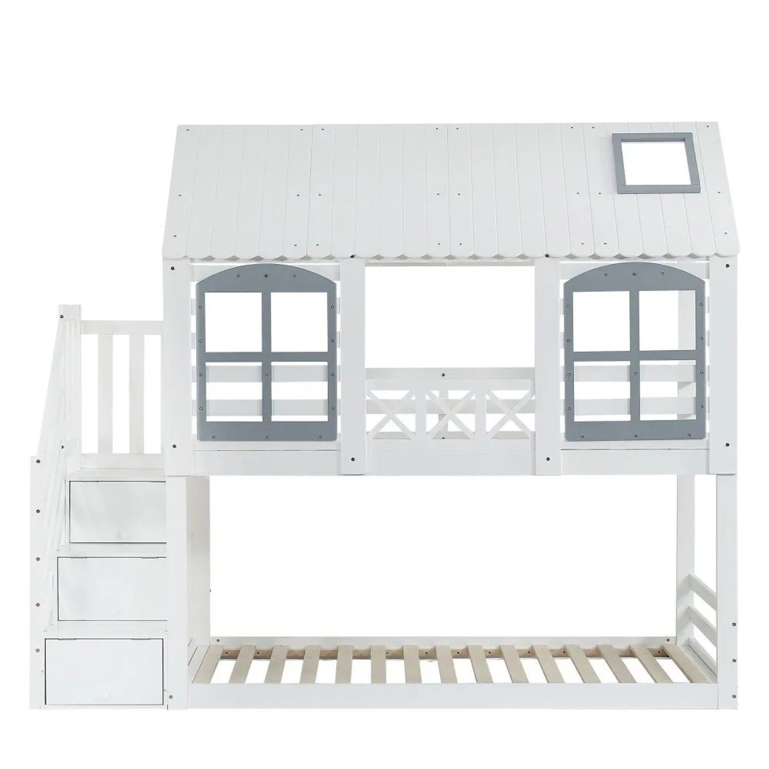 KOMHTOM Etagenbett 90x200Cm Kinderbett Mit Dach Fenster Fallschutzgitter Und 3 Schließfächer In Der Treppe Kiefer+Mdf Weiß+Grau