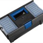 Schwarzer LUX Werkzeugkoffer mit blauem Griff und transparenten Organizer-Fächern im Deckel.