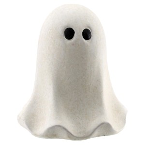 Weißer Keramik-Geist, 9 cm hoch, mit schwarzen Augen. Dekorative Halloween-Figur zum Aufstellen.