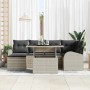 Hellgraues 7-teiliges vidaXL Garten-Sofa-Set aus Poly Rattan mit Tisch und Auflagen.