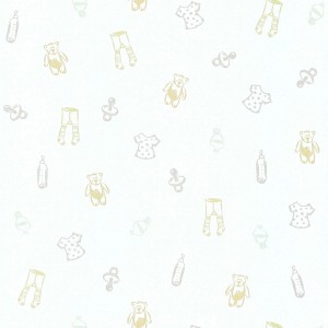 Helle Babyzimmer Tapete mit Teddy, Schnuller, Fläschchen und Kleidung in Gelb und Grau.