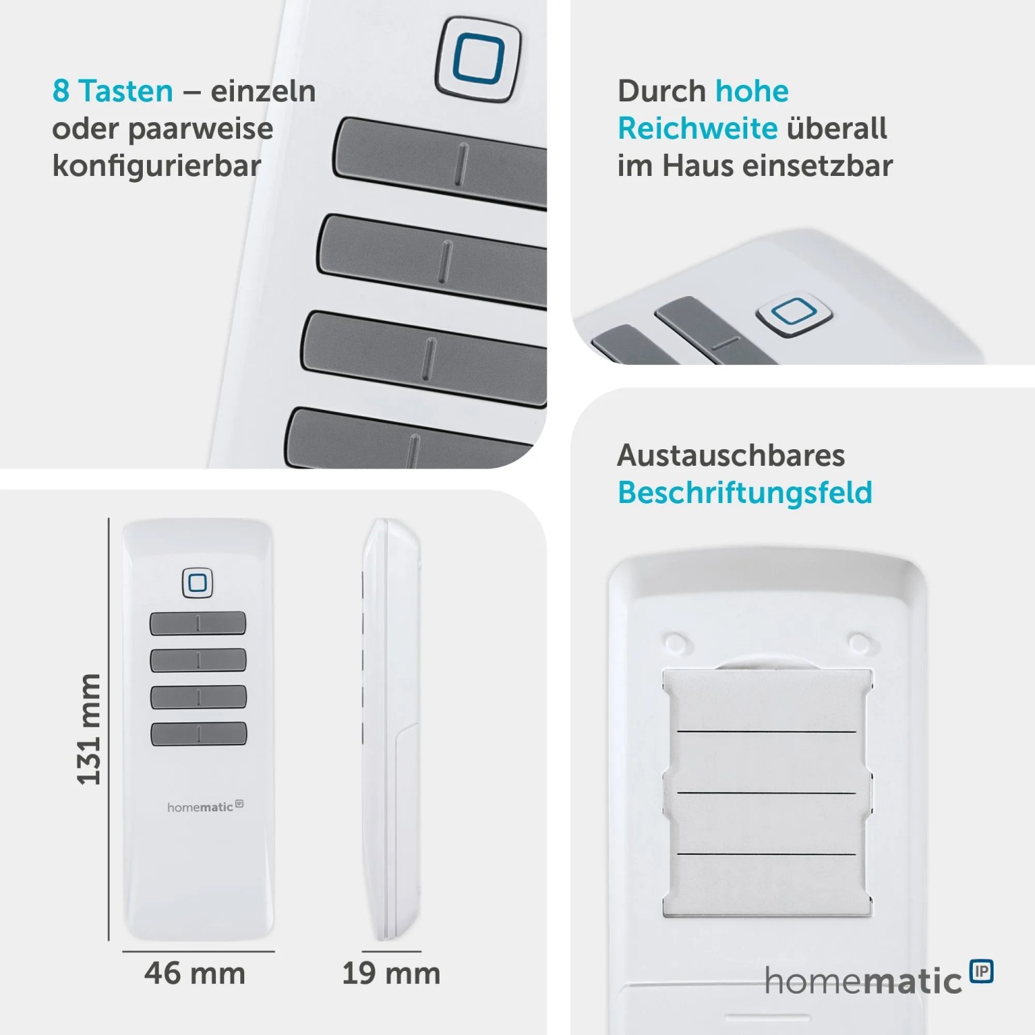 Weiße Homematic IP Fernbedienung mit 8 grauen Tasten, konfigurierbar. Zeigt Maße und austauschbares Beschriftungsfeld für Hausautomation.