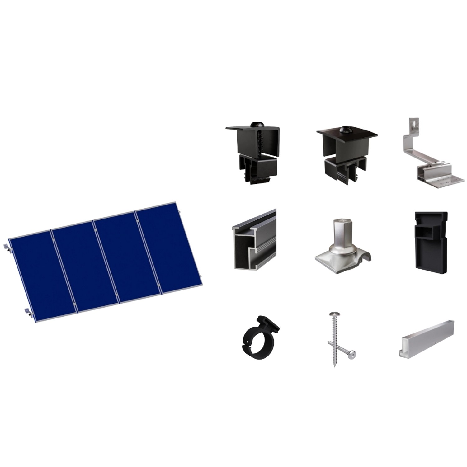 SolMount Montageset Schrägdach 4 Module nebeneinander Schwarz Eloxiert