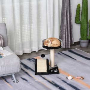 PawHut Kratzbaum mit Sisal, Spielball und Liegefläche. Katze schläft entspannt.