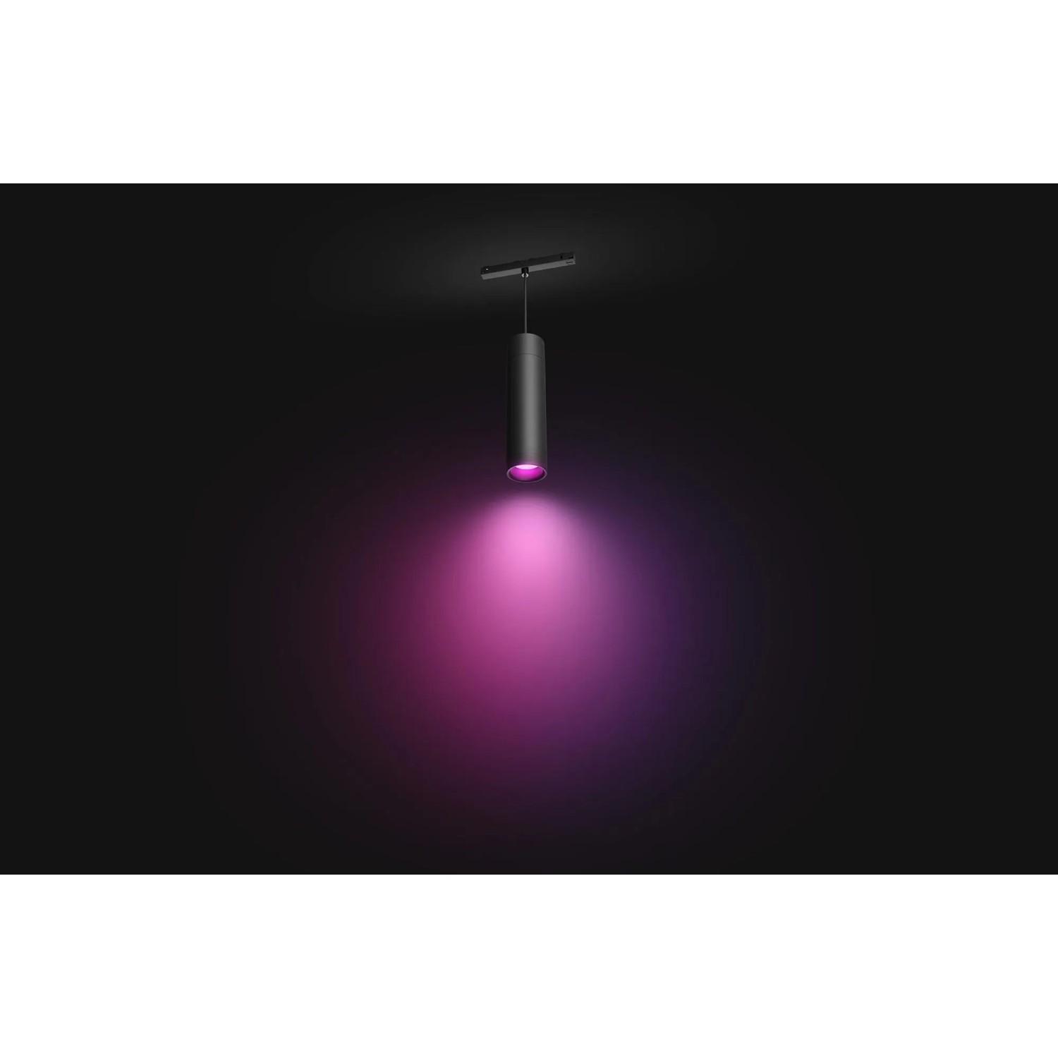 Schwarze Philips Hue Perifo LED-Pendelleuchte als Schienensystem-Erweiterung mit pinkem Licht.