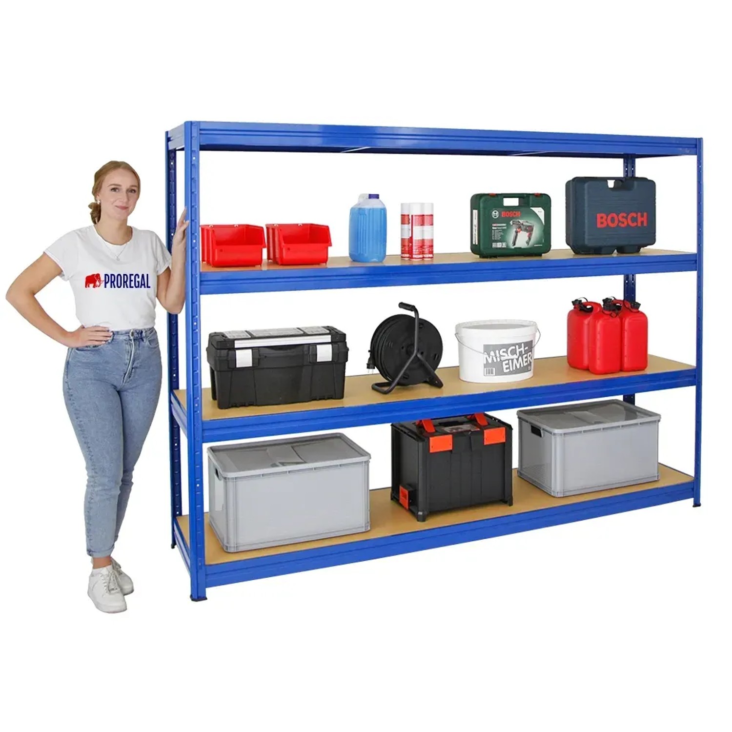 Blaues PROREGAL Schwerlastregal Dino 180x240x60 cm mit vier Regalböden und diversen Gegenständen.