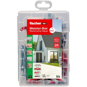 Fischer Meister-Box Rund ums Haus, 91-teiliges Dübel- und Schraubenset in transparenter Kunststoffbox.