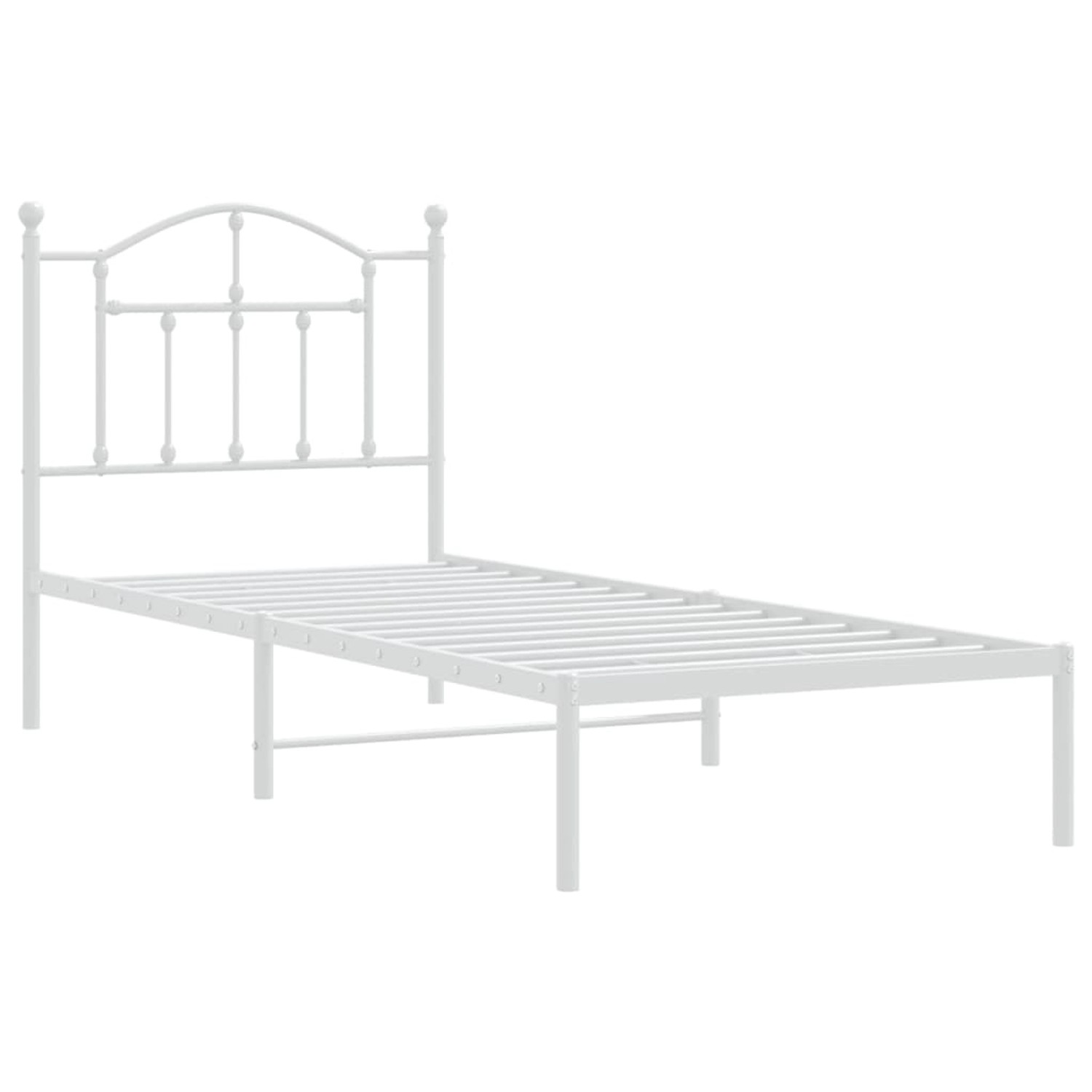 Weißes Metall Bettgestell 90x200 cm mit Kopfteil für Schlafzimmer.