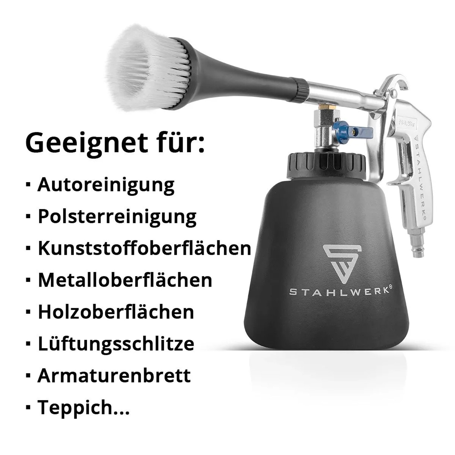 STAHLWERK Druckluft-Reinigungspistole RP-90 ST mit Bürstenaufsatz und schwarzem Behälter für Kfz-Innenreinigung, Polster & Teppiche.