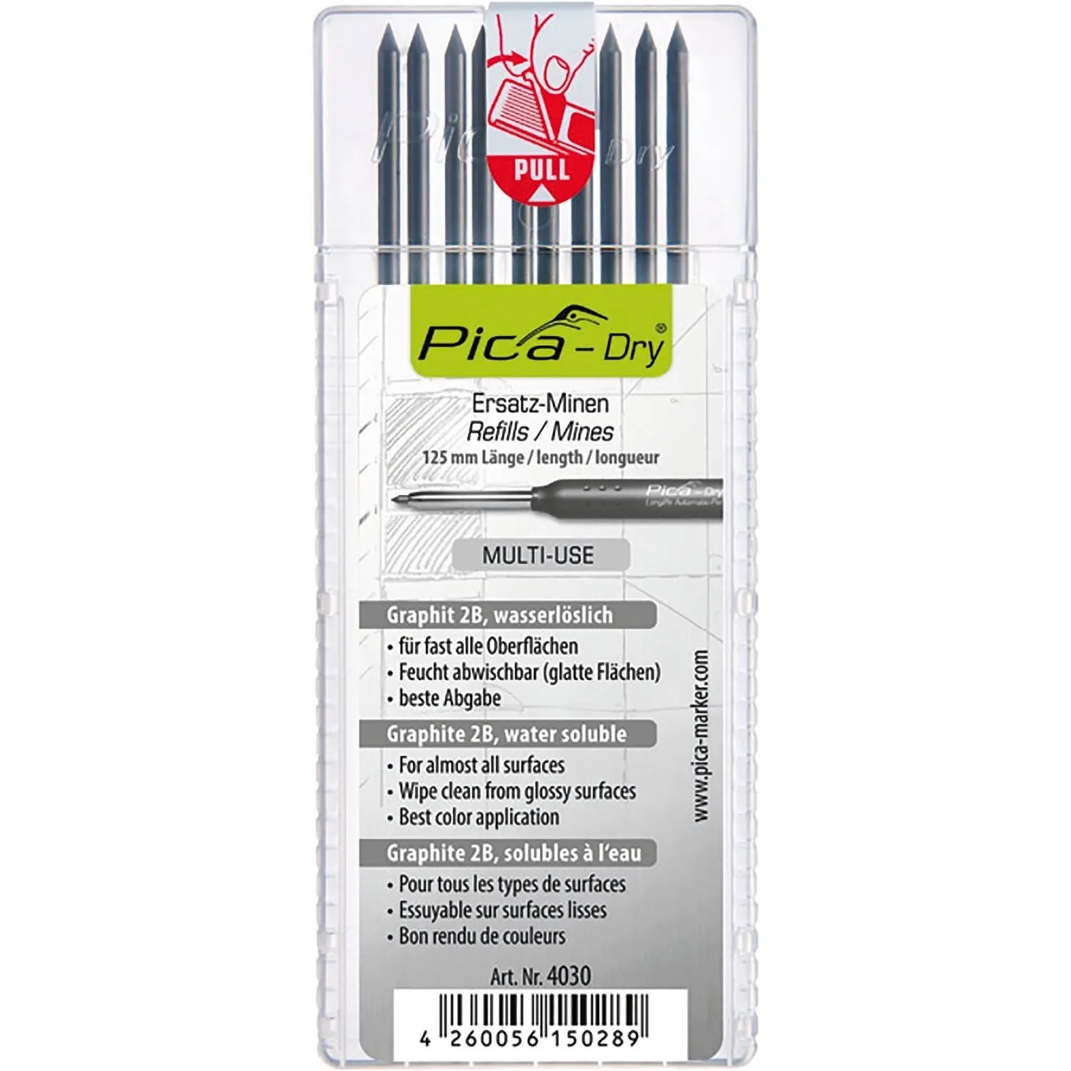 Pica Dry Graphit 2B Ersatzminen im 10er Pack in transparenter Verpackung für Tieflochmarker. Wasserlöslich, 125mm.
