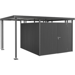 Biohort Seitendach für HighLine 5 Gartenhaus, dunkelgrau-metallic, mit Stützen und Regenfallrohr.