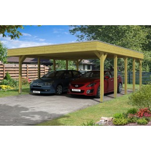 Skan Holz Carport Friesland Doppelcarport mit zwei parkenden Autos im Garten.