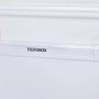 Detailaufnahme: Telefunken Einbaukühlschrank, transparente Türablage mit Logo.