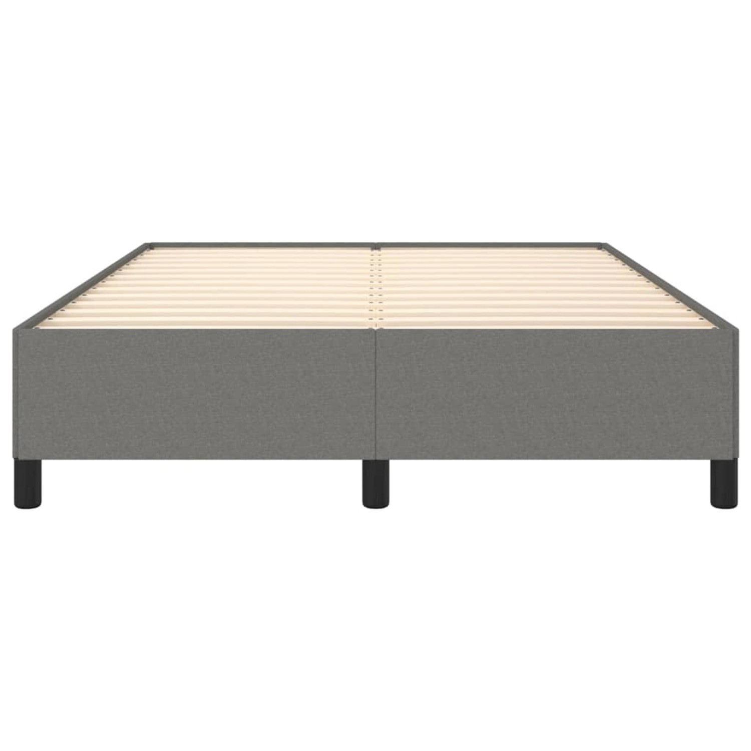 Dunkelgraues vidaXL Bettgestell (140x190 cm) aus Stoff mit Lattenrost und schwarzen Füßen.