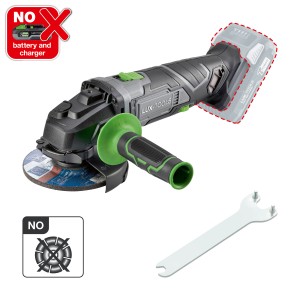 LUX-TOOLS Akku-Winkelschleifer A-WS-20/115 A (ohne Akku) mit Schleifscheibe und Schraubenschlüssel.