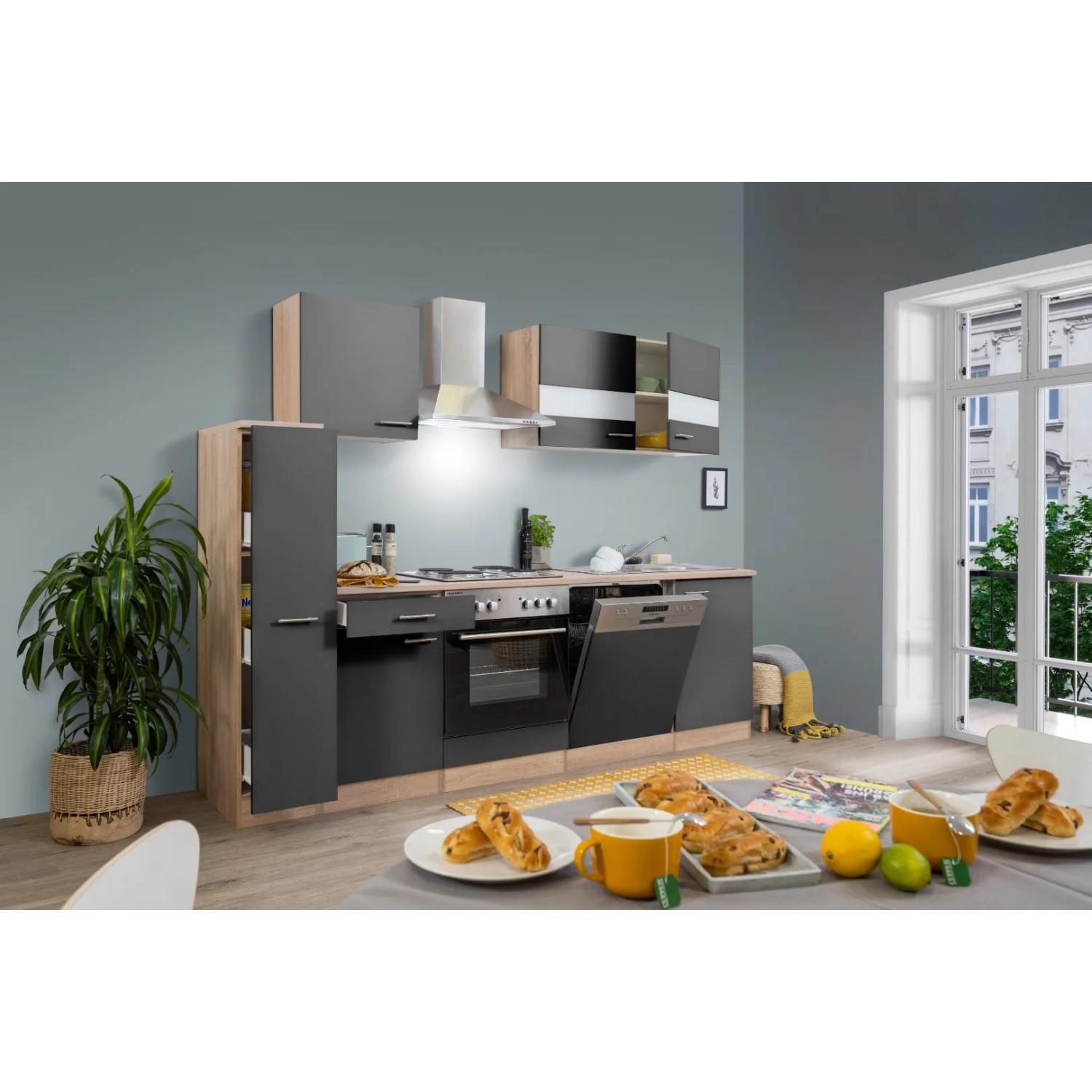 Moderne Respekta Küchenzeile KB250ESG in Grau-Eiche Optik mit Elektrogeräten und viel Stauraum.