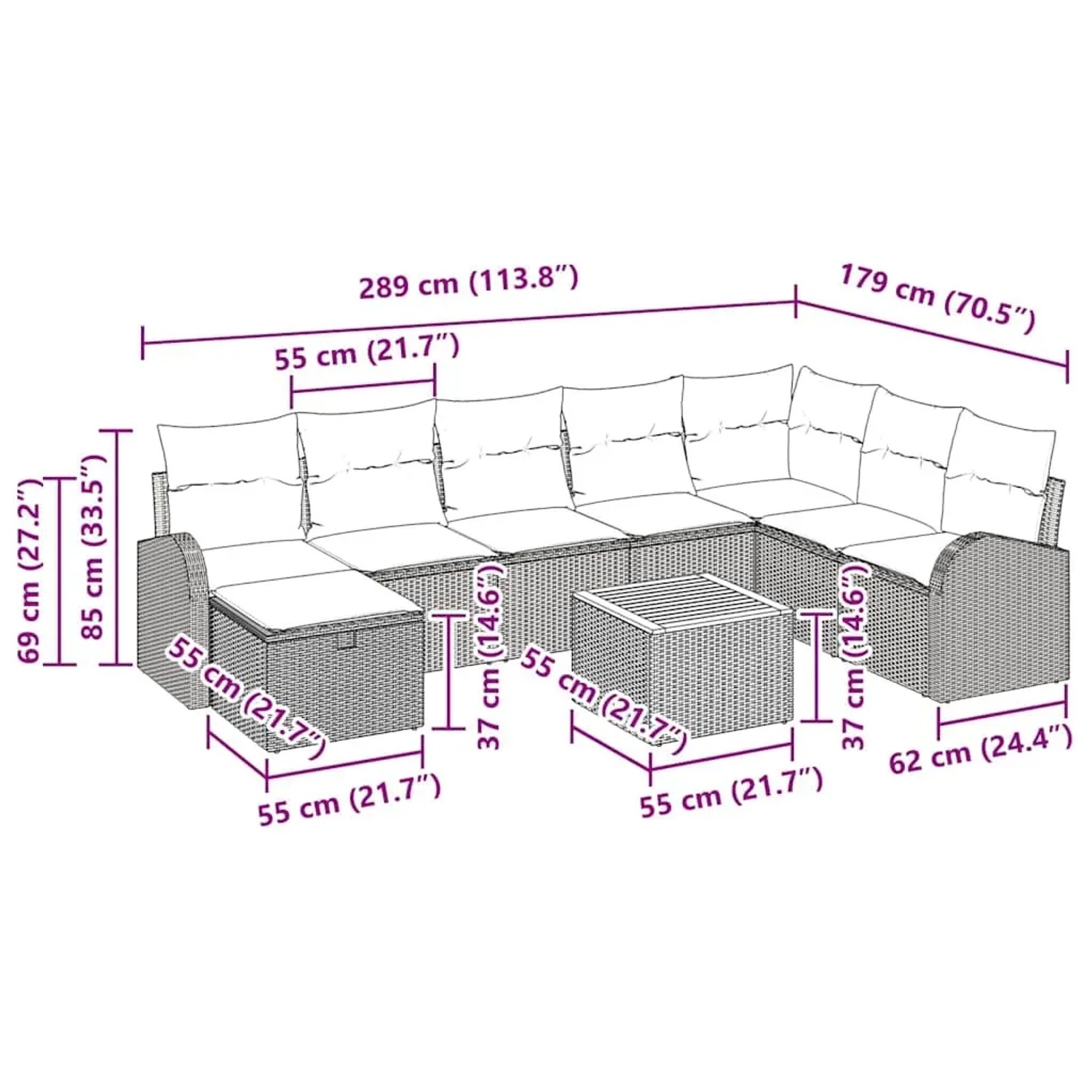 vidaXL Gartenmöbel-Set 9-teilig, schwarzes Poly Rattan, mit Maßen und Stauraum.
