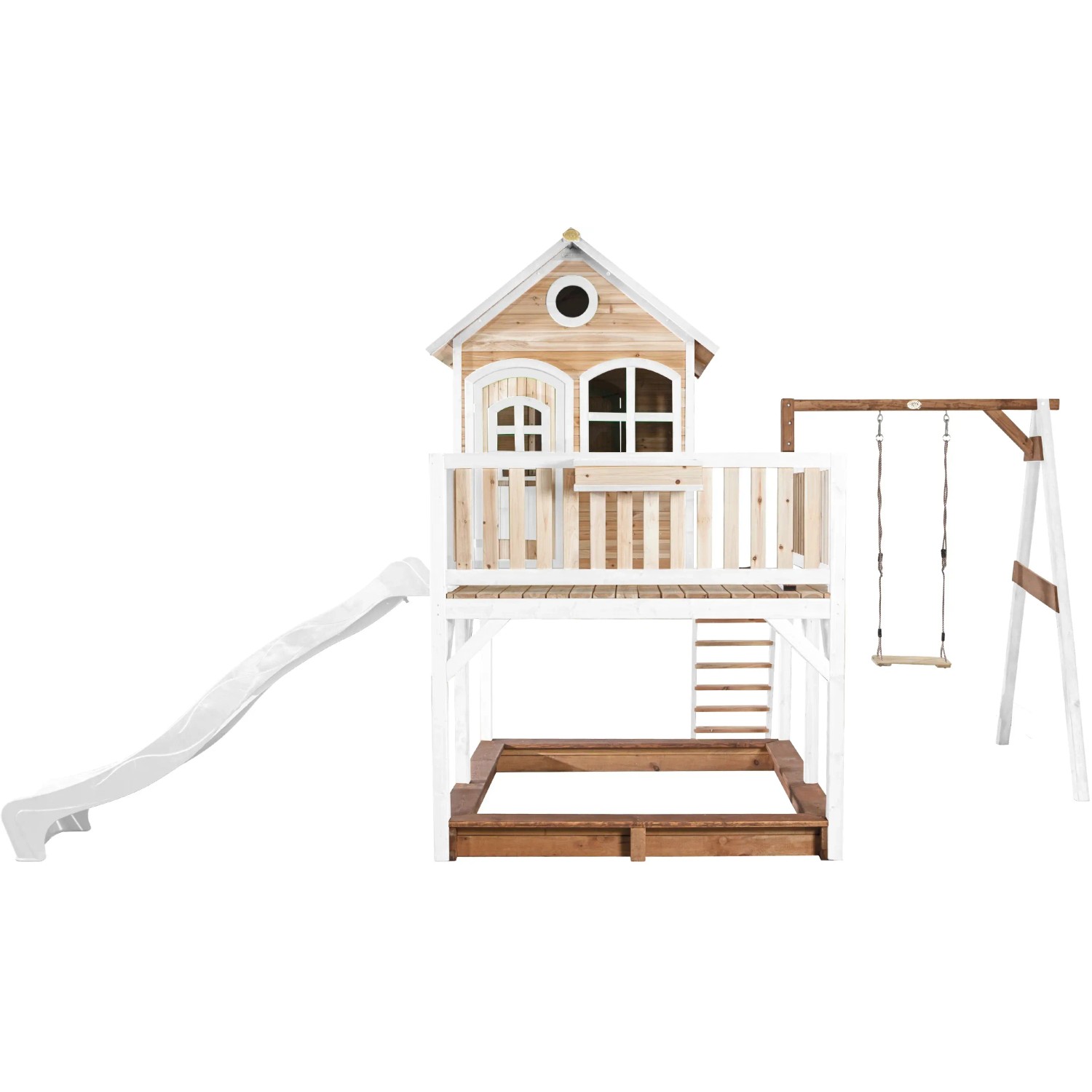 Axi Liam Spielhaus mit Schaukel und Rutsche, braun-weiß, aus Holz mit Sandkasten.