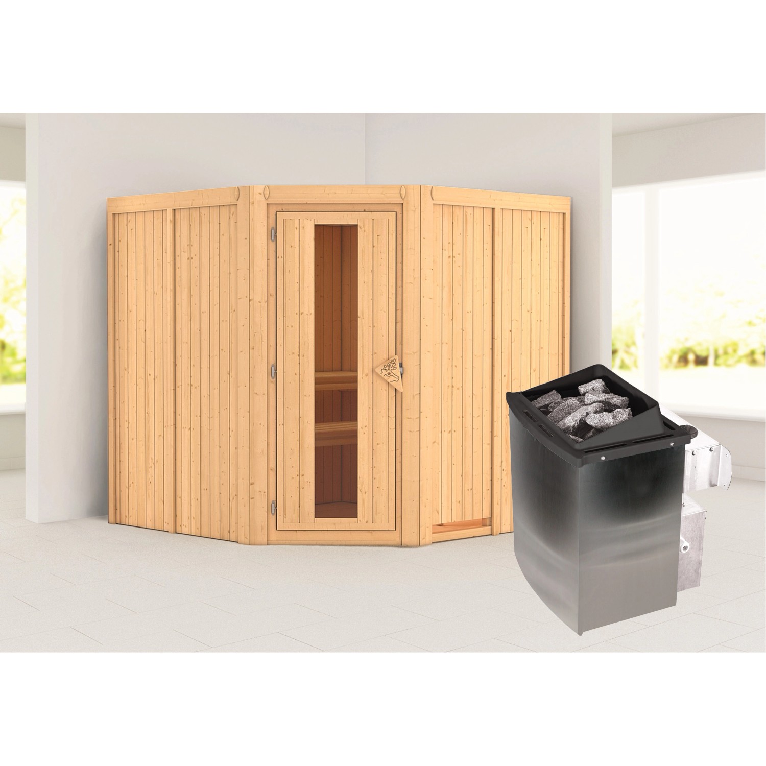 Karibu Sauna Jorma mit Ofen intergrierte Steuerungtü Natur