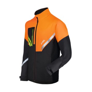 Stihl Function Core Arbeitsjacke, schwarz-orange, mit reflektierenden Elementen und Reißverschlusstaschen für hohe Sichtbarkeit.