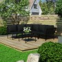 Schwarzes 6-tlg. vidaXL Garten-Lounge-Set mit Auflagen und Tisch auf Holzterrasse.