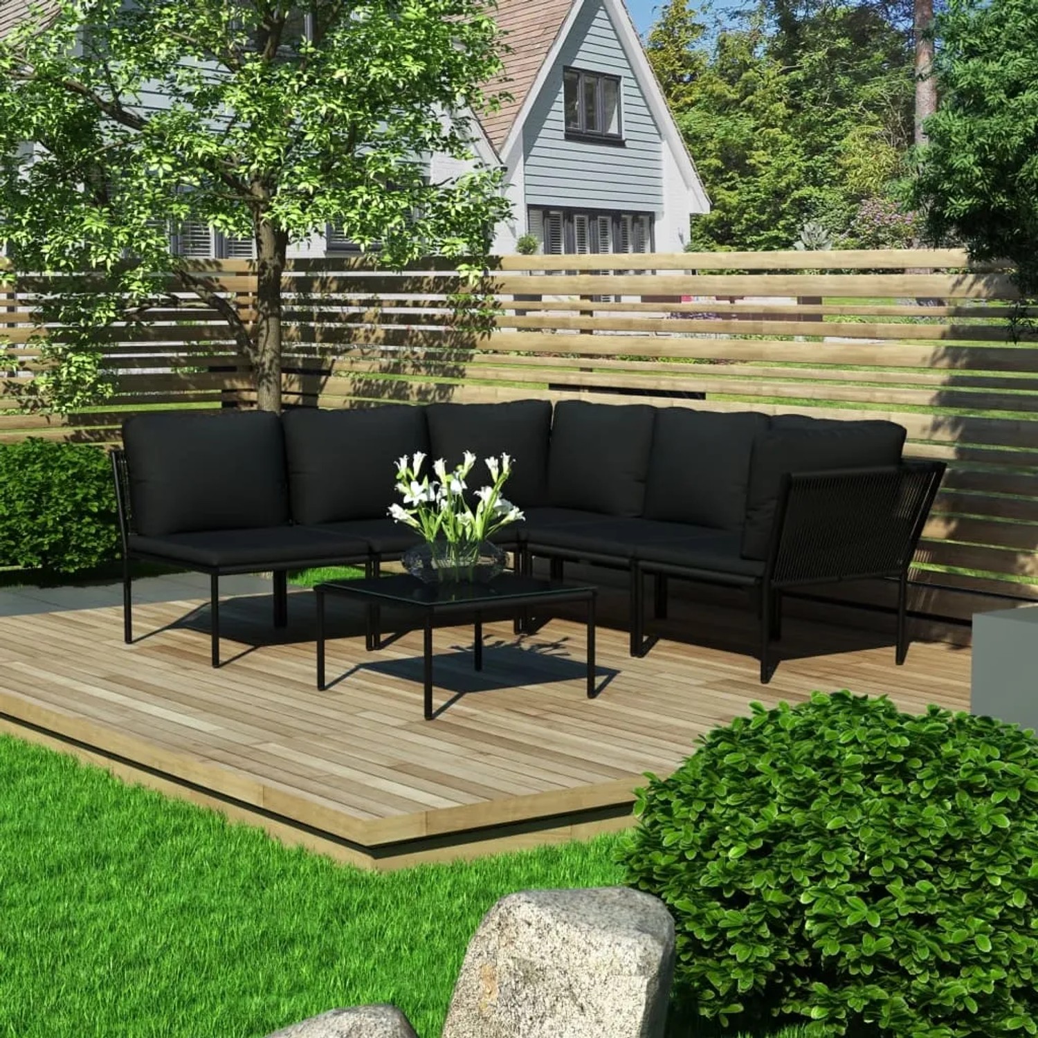 Schwarzes 6-tlg. vidaXL Garten-Lounge-Set mit Auflagen und Tisch auf Holzterrasse.