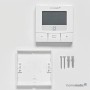 Weißer Homematic IP Wandthermostat Basic mit Display, Tasten und Montagezubehör für Smart Home Hausautomation.
