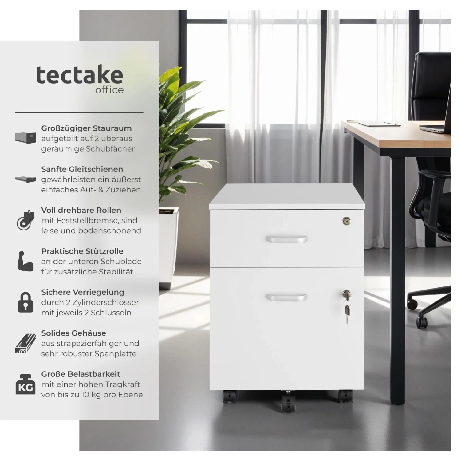 Weißer Tectake Rollcontainer Vagur mit 2 abschließbaren Schubladen für A4 Dokumente.