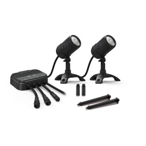 Oase LunAqua Connect Starter Set: 2 Teichstrahler, Controller, Erdspieße für Garten- und Teichbeleuchtung.