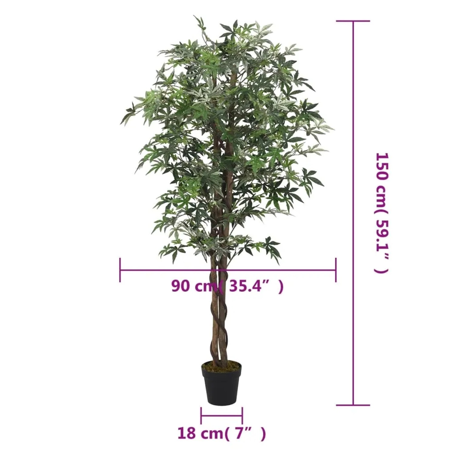 Künstlicher Ahornbaum, 150 cm hoch, mit 504 grünen Blättern im Topf.