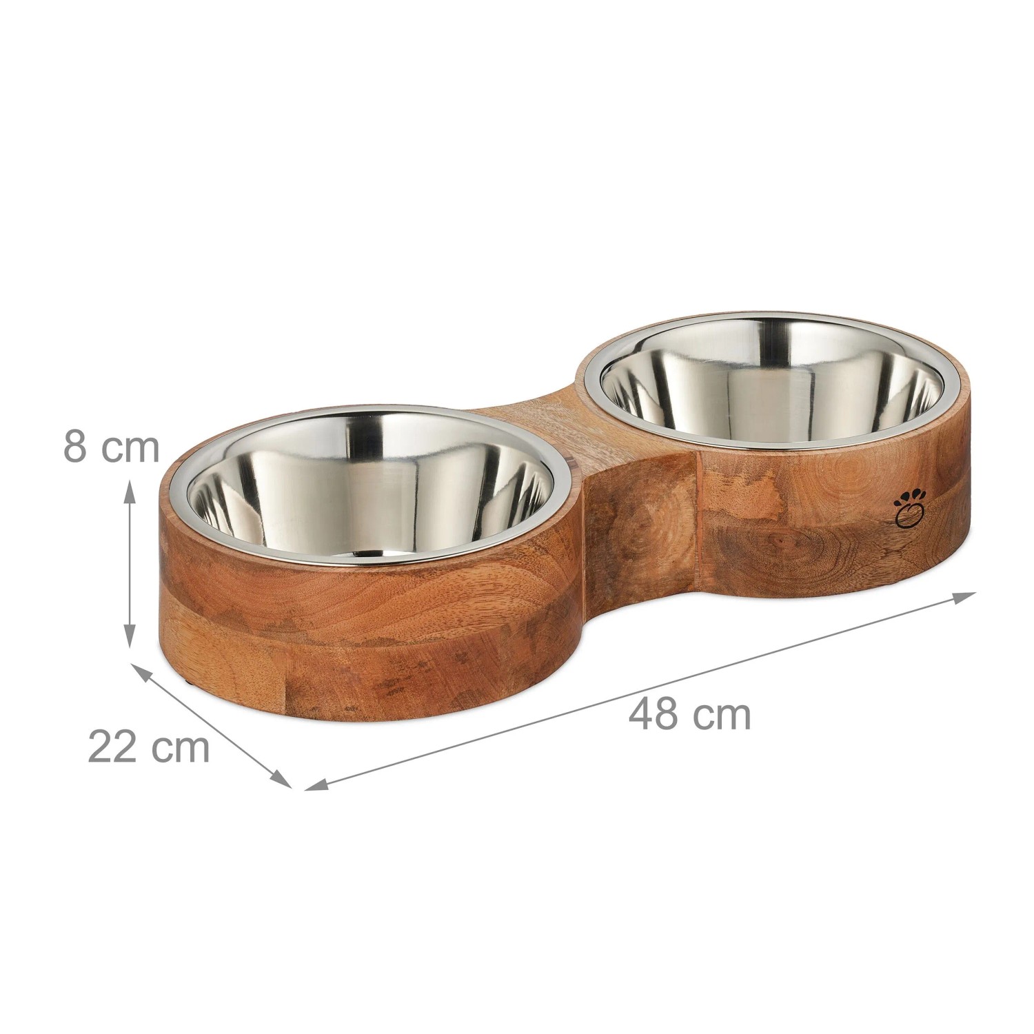 Relaxdays Hundenapfbar mit 2 Napfschalen Mangoholz Edelstahl Natur Silber Rutschfest 8 cm x 48 cm x 22 cm 1,4 kg_4
